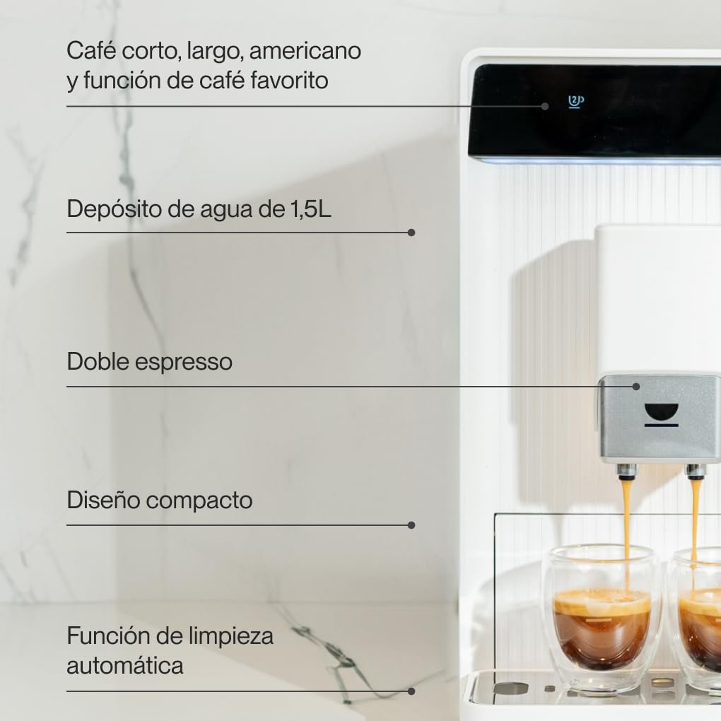 Incapto Aura Cafetera Superautomática | 19 Bares | Botón Doble Espresso | Cafetera de Grano Compacta y Diseño Elegante | Molinillo Regulable | Limpieza automática | Múltiples recetas (Blanco)