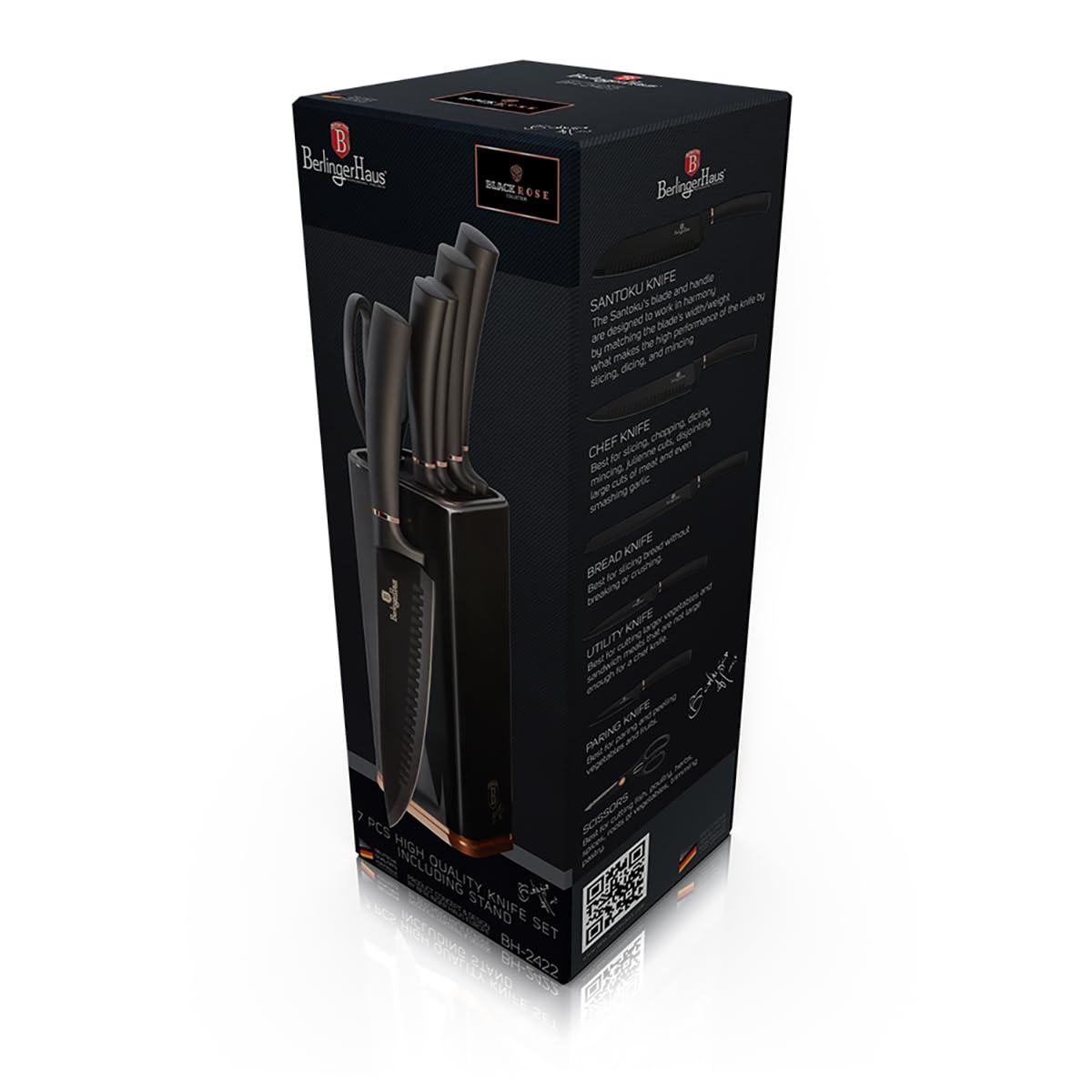 6 piezas. BERLINGER HAUS BH-2422 - Juego de cuchillos de cocina con soporte, color negro y rosa