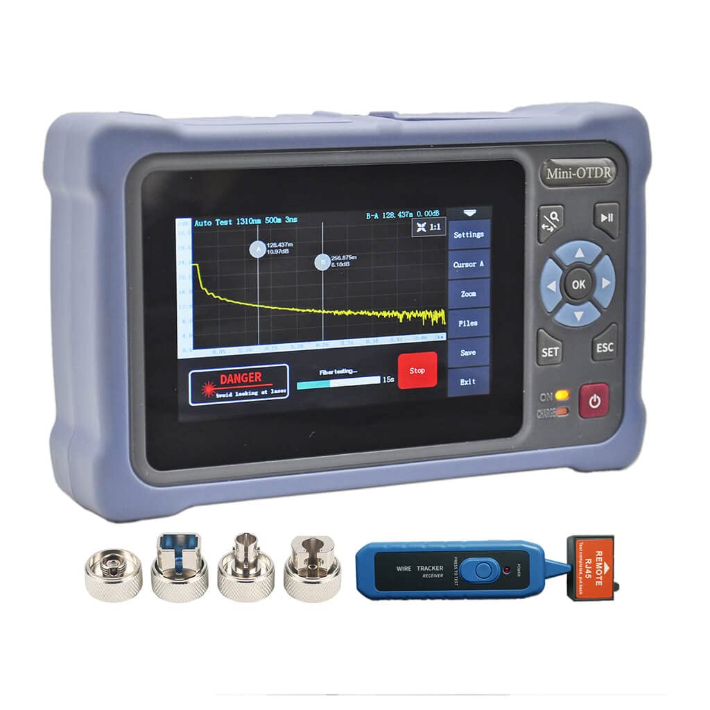QIIRUN NK4000D Mini OTDR Fibra Optica 1310/1550nm 26/24dB con Pantalla Táctil de 4.3 pulgadas, 11-en-1 OTDR SM con VFL OPM OLS Mapa de Eventos RJ45, FC/UPC SC ST LC Conectores Incluidos