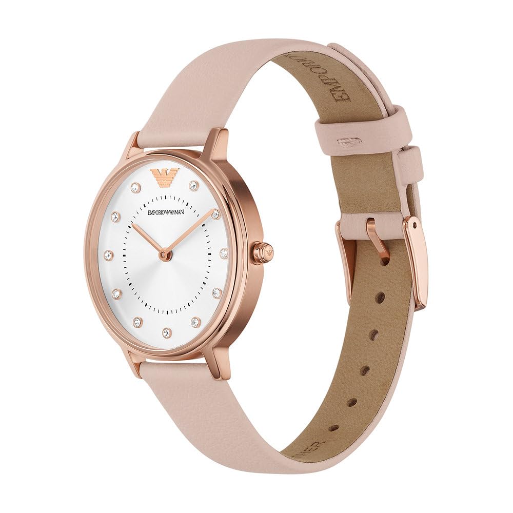 Emporio Armani Reloj de señora, movimiento de dos manecillas, caja de acero rosa dorado de 32 mm con correa de piel, AR2510, Rosa claro y blanco roto