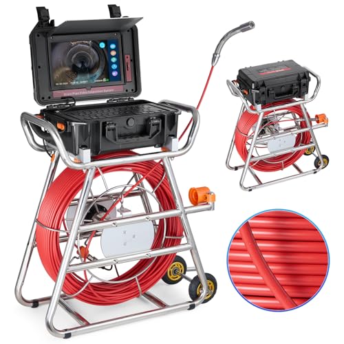 VEVOR Cámara de Alcantarillado, 100 m, Cámara de Drenaje Autonivelante con Pantalla Táctil, Transmisor de 512 Hz y Contador de Distancia, con Luces, 12 LED, Tarjeta de 32 GB, 555 × 275 × 665 mm