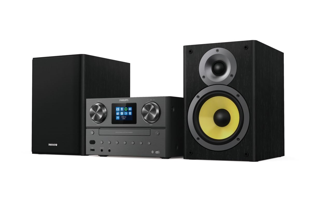 Philips TAM8905 Sistema de música Micro 100W, Bluetooth, Spotify Connect, Radio por Internet, Dab+, CD, USB, Altavoces Bass-Reflex, Control Digital de Sonido, diseño clásico con Pantalla a Color