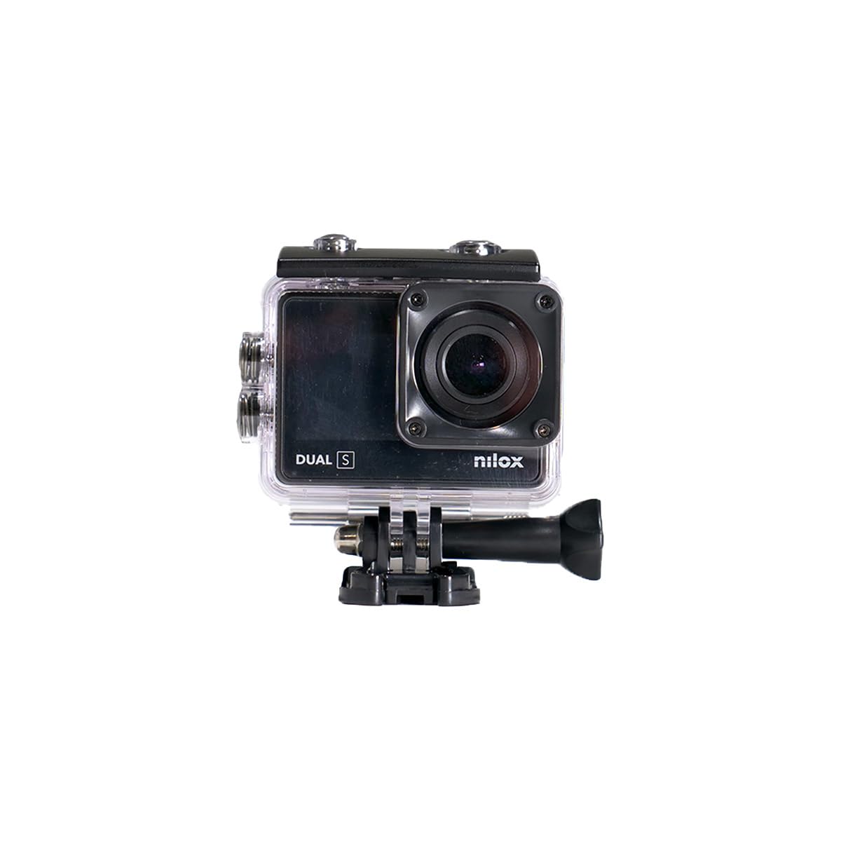 Nilox, Action Cam Dual S, Action Camera Resolución 4K/60 fps, gran angular de 170°, pantalla trasera táctil, resistente al agua hasta 30 m con funda hermética, con fijaciones adhesivas, kit de montaje