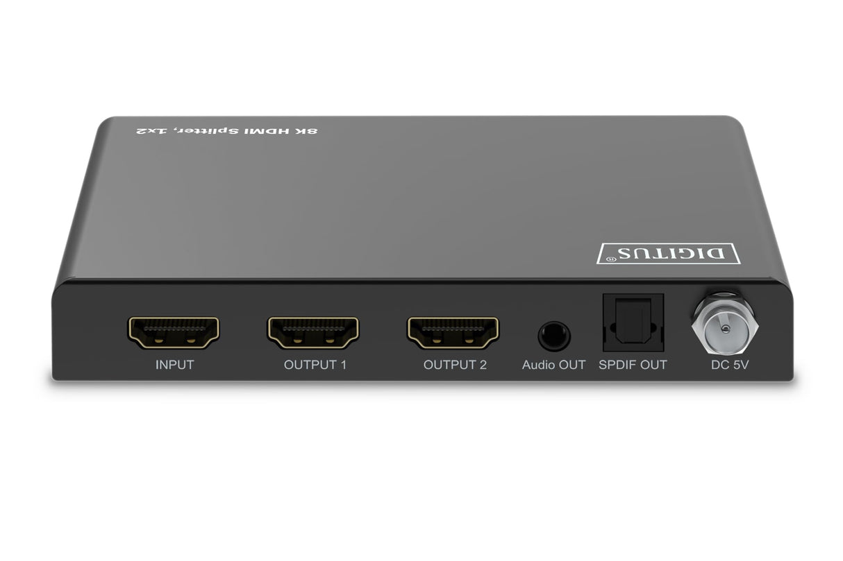 DIGITUS DS-55339 Divisor HDMI 1x2 – Entrada: 1 Puerto/Salida: 2 Puertos – UHD 8K/60 Hz HDTV: 7680 × 4320p – HDCP 2.3 & HDMI 2.1 – HDR, Deep Color, Interruptor EDID – Toslink, Estéreo (3,5 mm)