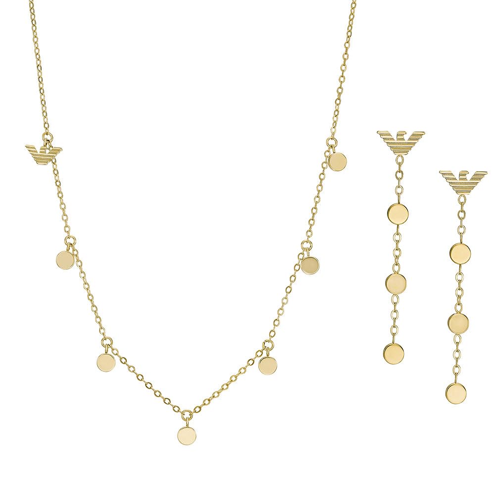 Emporio Armani Juego de collar y pendientes de acero inoxidable o latón para mujer, Conjunto de tono dorado claro