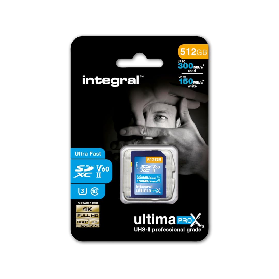 Integral Tarjeta SD de 512GB UHS-II V60 con velocidades de Lectura de hasta 300 MB/s y velocidades de Escritura de 150 MB/s. Tarjeta de Memoria de Alta Velocidad Profesional SDXC