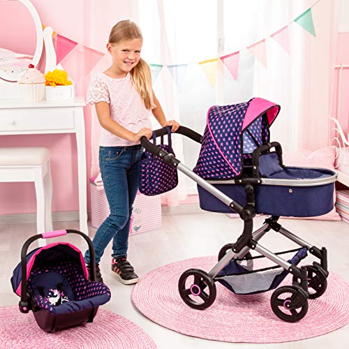 Bayer Design 18454AA Cochecito para muñecas Neo Vario con bolso cambiador y cesta de la compra, convertible en coche deportivo, altura ajustable, moderno, azul con patrón de unicornio y corazón