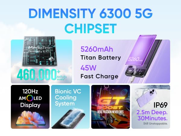 realme 14T Smartphone 5g, 8+256GB,Batería 5260 mAh,Procesador Dimensity 6300,IP69, Cámara de 50MP,Pantalla AMOLED para Esports de 120 Hz,Morado relámpago,Exclusivo de Amazon (Sin Adaptador)
