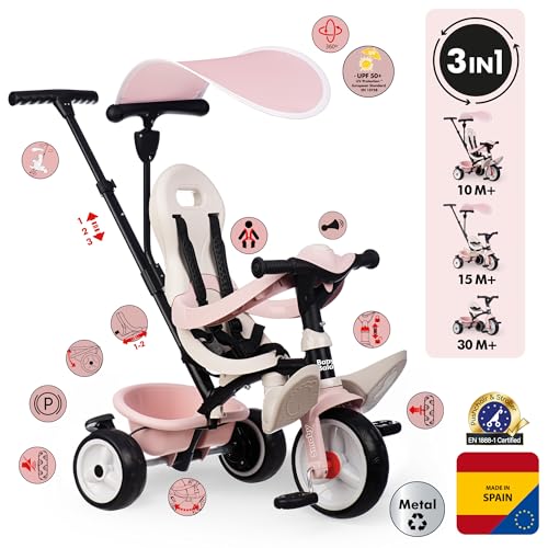 Smoby Triciclo Baby Balade Rosa Progresivo 3 en 1 - Freno, Asiento Ergonómico, Parasol Anti-UV, Ruedas EVA, para niños a Partir de 10 Meses (7600741404)