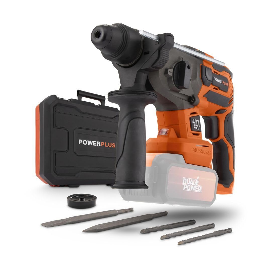 Hammer de Broma inalmbrica 40V 5J SDS -Plus sin escobillas + 5 Accesorios - Dual Power PowDP15680 - Entregado sin batera o Cargador