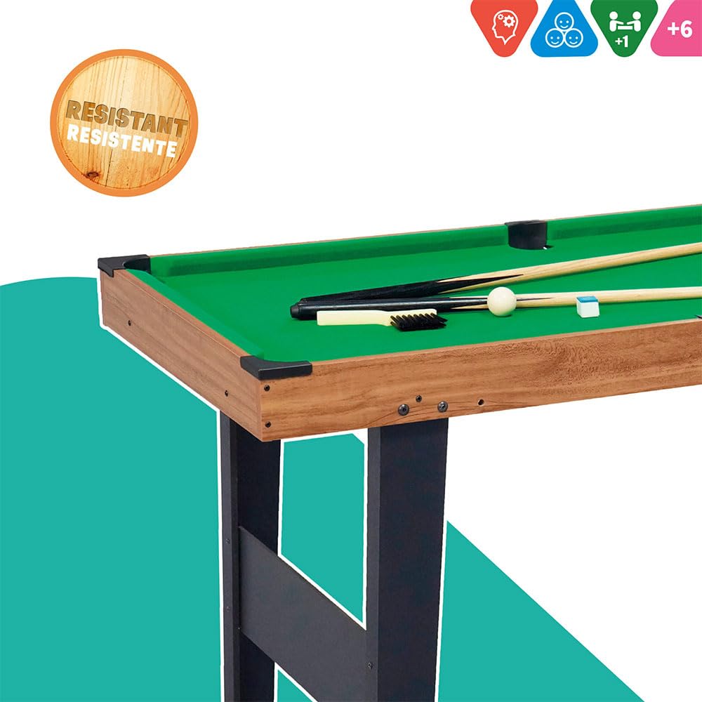 ColorBaby 85434 Mesa de Billar Americano para niños y Adultos, 121x61x70 cm, De Madera Resistente, Incluye 2 Tacos, 16 Bolas, 1 Tiza, 1 Cepillo y 1 triángulo, 2-4 Jugadores, 6 años y mas