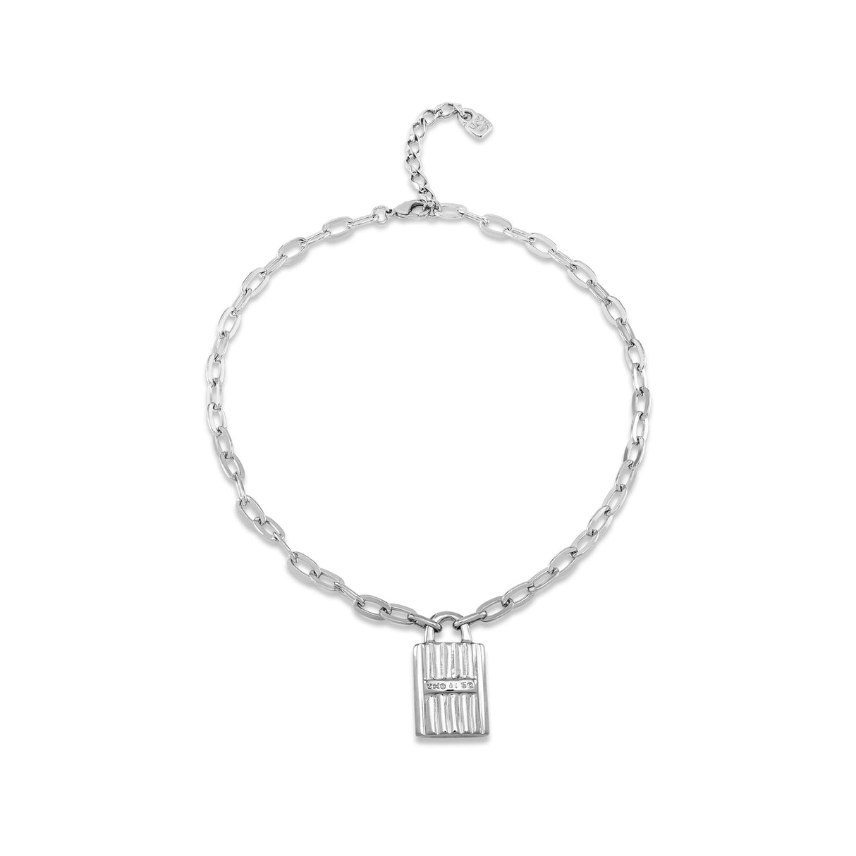 UNO de 50, Collar de Aleación de Metales, Plata de Ley, Eslabones Medianos y Candado Central, Joya Artesanal, Diseño Creativo