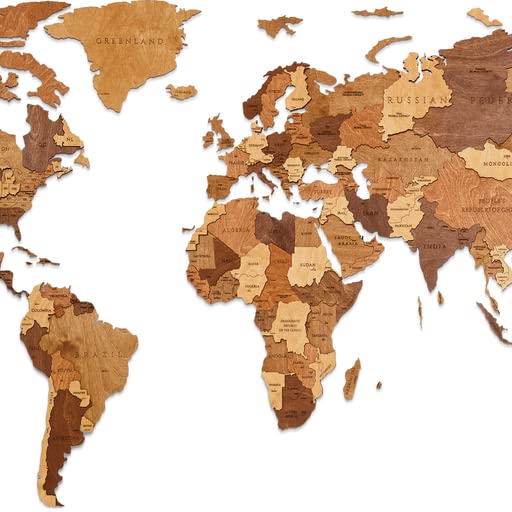 EWA Eco-Wood-Art - Mapa del Mundo L Mundo Chocó - Rompecabezas 3D de Madera para Interior y diseño - Recuerdo, Regalo, Cocina, Decoración del hogar, Interior - 127 Piezas