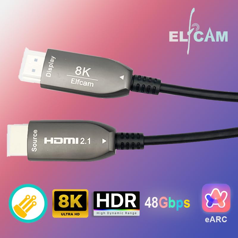 Elfcam-8K-Cable HDMI a fibra óptica 120M(48 Gb/s, eARC VRR, ultra alta definición, para cine y juego, chip alemán Silan+láser V26, fibra resistente a las plegadas–compatible con PS5, Xbox, PC y TV 8K