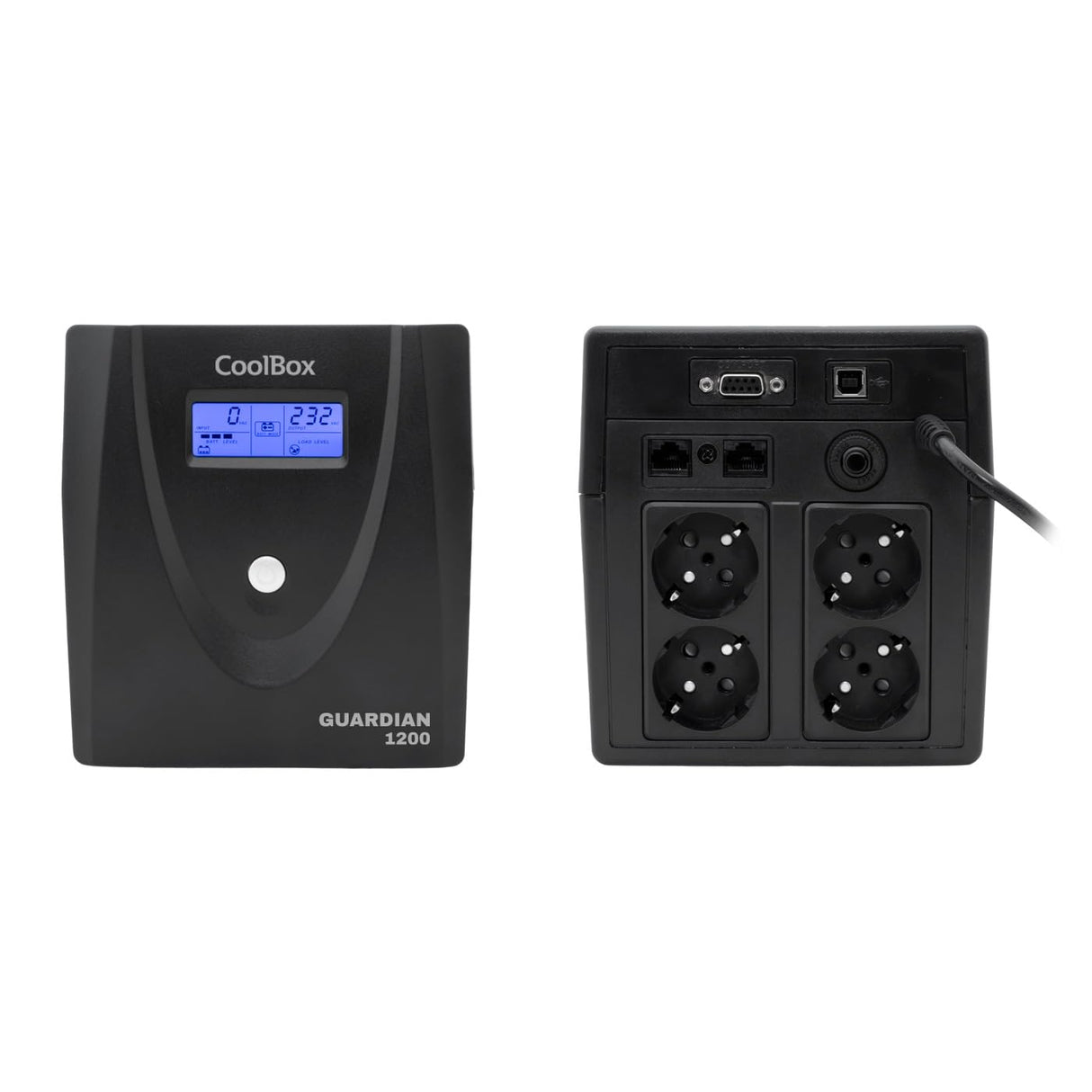 CoolBox GUARDIAN3 SAI 1200VA Sistema de Alimentación Ininterrumpida UPS 1200A/720W con Pantalla LCD, Alarmas Indicadoras, 4 Tomas Schuko 1 Puerto USB, 2 Puertos RJ-45 (In & out), Software de Control