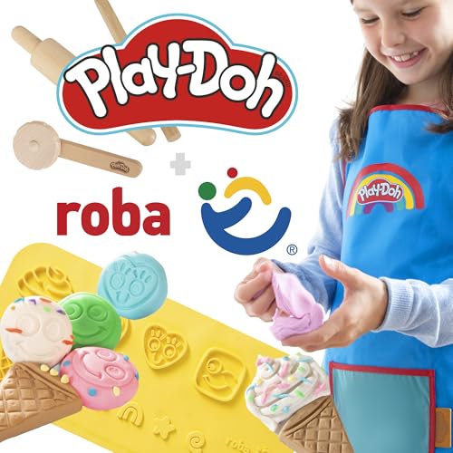 roba x Play-Doh Conjunto de Asientos creativos - Juego de Mesa y Silla de Madera certificada por el FSC con 6 latas de plastilina, 3 Herramientas de Madera y Alfombra Creativa