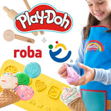roba x Play-Doh Conjunto de Asientos creativos - Juego de Mesa y Silla de Madera certificada por el FSC con 6 latas de plastilina, 3 Herramientas de Madera y Alfombra Creativa