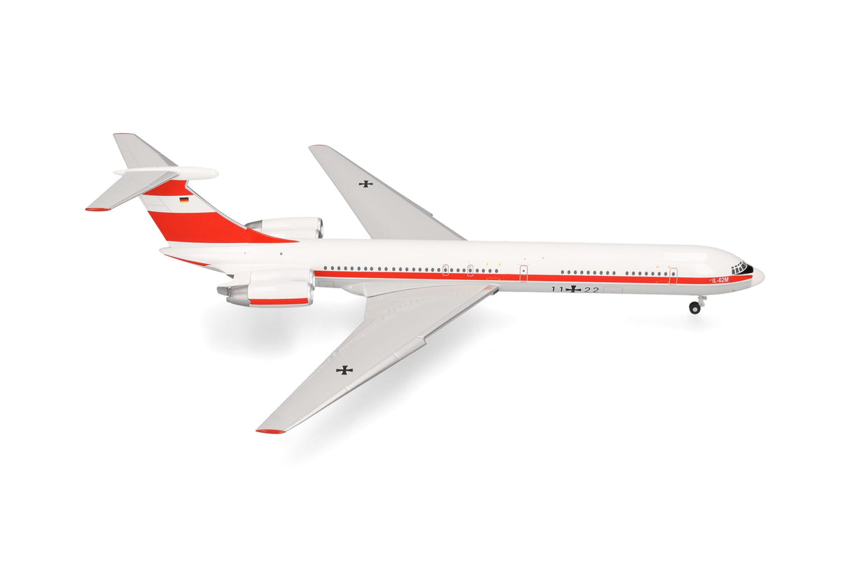 herpa avión en Miniatura Luftwaffe Ilyushin IL-62M Unidad de Vuelo Oficial, Escala 1:200, artículo de colección, Modelo sin Base, Metal