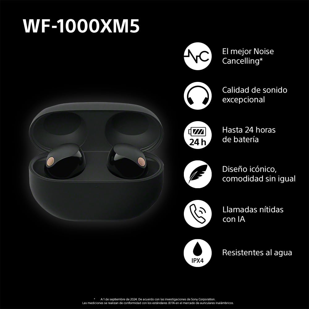 Auriculares inalámbricos con Noise Cancelling SONY WF-1000XM5, bluetooth, auriculares in-ear, micrófono, hasta 24 horas de batería, carga rápida, IPX4, Alexa y Google Assitant, iOS y Android - Negro
