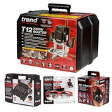 Trend T12 Kit de Inicio Definitivo para Fresado, T12EK/EU Fresadora de Inmersión de Velocidad Variable (2300W, 12mm, 230V), Juego de 6 Fresas de 12mm, Máscara y Gafas, T12/START/SET/E