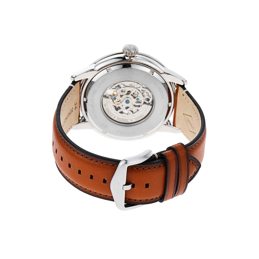 Fossil Reloj para hombre Townsman, movimiento mecánico automático, caja de 48mm de acero inoxidable plateado con correa de piel, ME3154, 48MM, Marrón y Tono Plateado