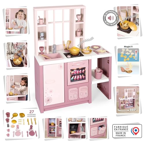 Smoby – Loft Cocina de Juguete Fleur – Cocina Infantil de Estilo Loft Moderno con fogones, Horno, Nevera y 27 Accesorios, para niños a Partir de 3 años