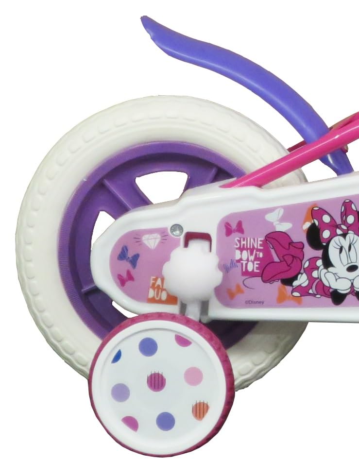 Bicicleta de 10 Pulgadas para niño, niña, Minnie/Disney con 1 Freno Delantero calibrador, Cesta Delantera, Guardabarros, cárter, Ruedas y 2 estabilizadores extraíbles, Rosa