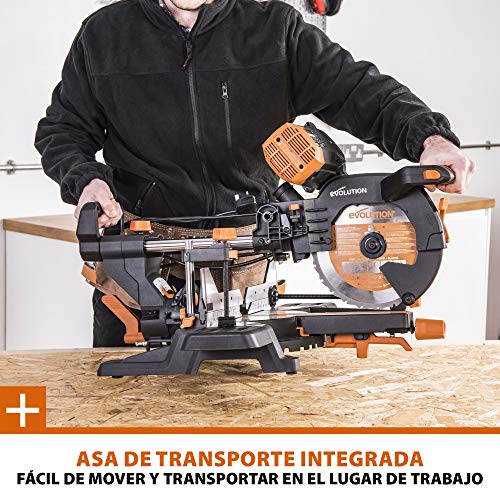 Evolution Power Tools R255SMS-DB ingletadora, Sierra ingletadora deslizante multimaterial de 255 mm, con doble bisel y paquete plus, hasta 300 mm x 90 mm, 5° a izquierda y derecha, inglete de 50°