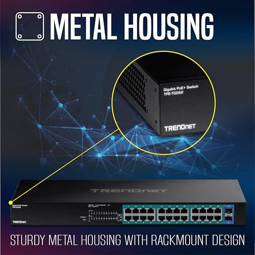 TRENDnet TPE-TG240G Conmutador Gigabit PoE+ de 24 Puertos, 24 Puertos Gigabit PoE+, presupuesto de alimentación de 370 W, Capacidad de conmutación de 48 GB/s, Kit de Montaje en Rack Incluido,