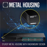 TRENDnet TPE-TG240G Conmutador Gigabit PoE+ de 24 Puertos, 24 Puertos Gigabit PoE+, presupuesto de alimentación de 370 W, Capacidad de conmutación de 48 GB/s, Kit de Montaje en Rack Incluido,