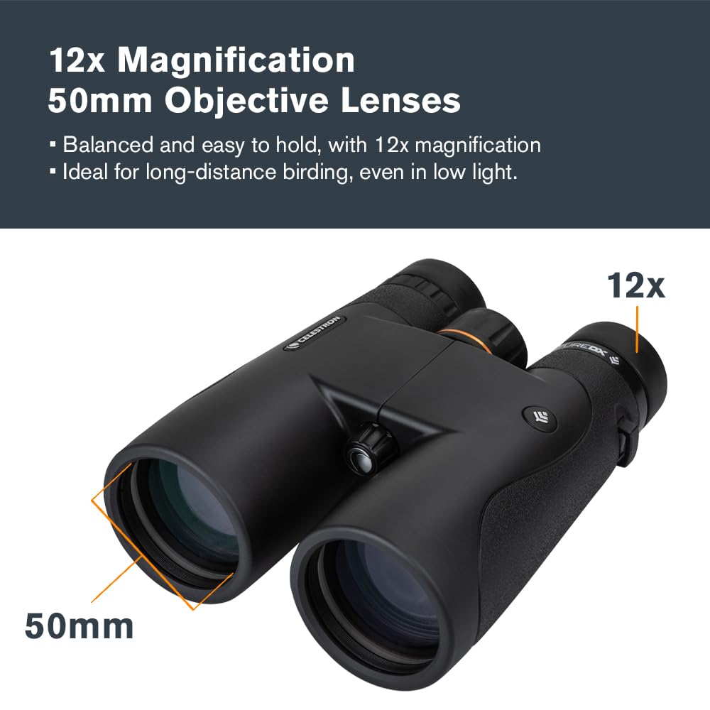 Celestron 72326 Nature DX 12x50: prismáticos para Exteriores y para observar Aves, con Revestimiento múltiple Completo y prismas BaK-4, Carcasa revestida de Goma y Resistente al Agua y el vaho