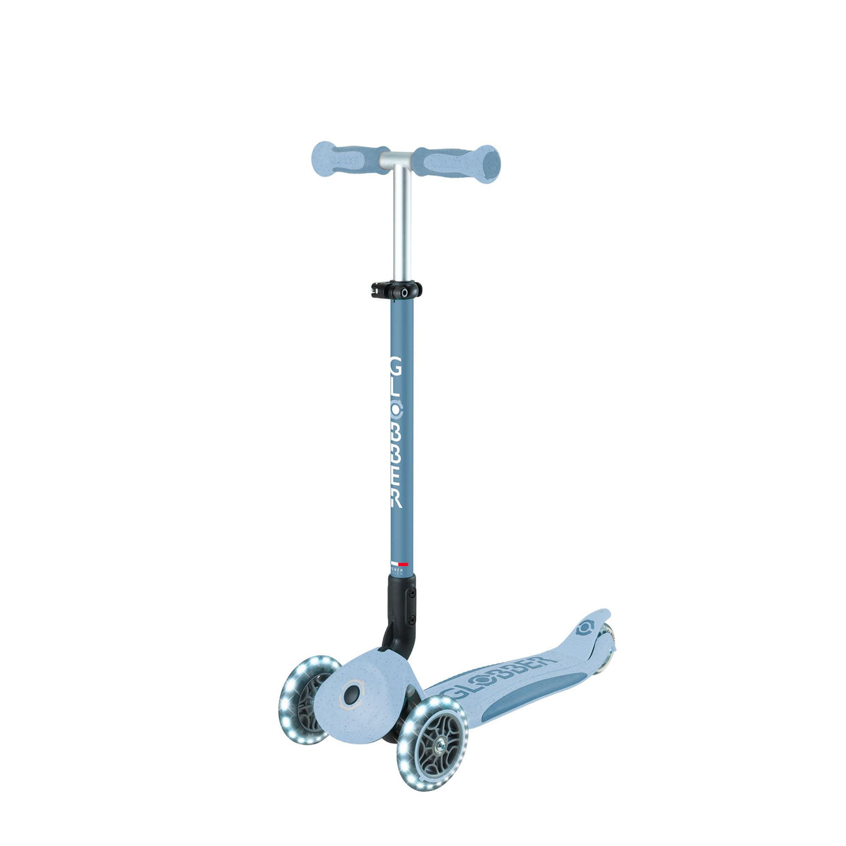 Globber - GO•UP Deluxe Lights Eco 360 - Patinete evolutivo de 3 Ruedas con Asiento Giratorio 360°, reposapiés, Luces LED y Materiales sostenibles, de 15 Meses a 6 años - arándano