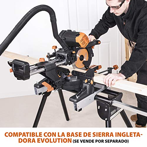 Evolution Power Tools R255SMS-DB ingletadora, Sierra ingletadora deslizante multimaterial de 255 mm, con doble bisel y paquete plus, hasta 300 mm x 90 mm, 5° a izquierda y derecha, inglete de 50°