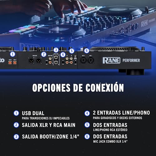 RANE PERFORMER Controlador DJ motorizado de 4 canales, platos 7" con displays, faders Precision Feel, Stem Split, FX Avanzado, Serato DJ Pro incluido