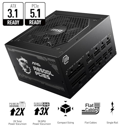 MSI mag 850W Fuente de alimentación 80 Plus Gold - ATX 3.0 PCIe 5.0 Ready - 12VHPWR [mag A850GL PCIE5]