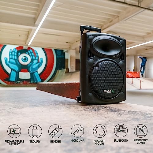 Ibiza - PORT15UHF-BT - Altavoz portátil 15"/800W MAX con 2 micrófonos (UHF), mando a distancia y funda protectora - Bluetooth, USB, SD & TWS - Autonomía de 6 a 8h - Speaker Box