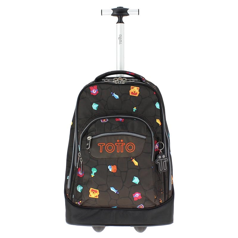 TOTTO - Mochila Escolar con Ruedas, Modelo Papel, Mochila Grande, Capacidad 33 Litros, Bolsillo para PC 14", 3 Compartimentos, Ruedas Grandes, Manija Telescópica, Estampado Videojuegos Negro