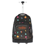 TOTTO - Mochila Escolar con Ruedas, Modelo Papel, Mochila Grande, Capacidad 33 Litros, Bolsillo para PC 14", 3 Compartimentos, Ruedas Grandes, Manija Telescópica, Estampado Videojuegos Negro