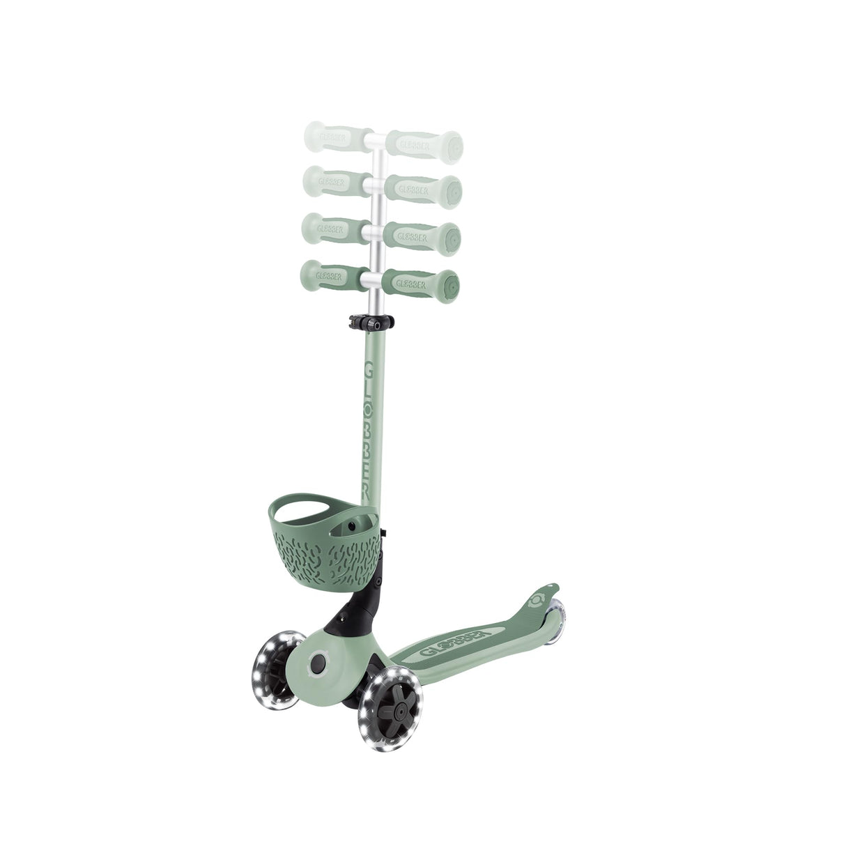 Globber GO•UP Baby 360 Lights - Patinete escalable de 3 Ruedas con Asiento y Respaldo para niños de 15 Meses a 6 años, Verde Salvia