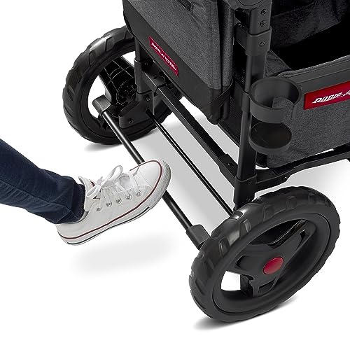 Radio Flyer Voya Stroller Wagon, Cochecito Doble, 2 Asientos Altos Cara a Cara, toldo Ajustable con protección UV, Bandeja para Aperitivos, Gris
