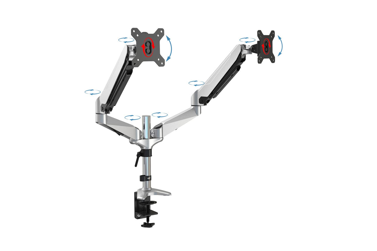 DIGITUS Soporte para monitor - Abrazadera y resorte de gas - 2 monitores - hasta 27 Pulgadas - hasta 2X 8 kg - VESA 75 & 100 - Plata/negro