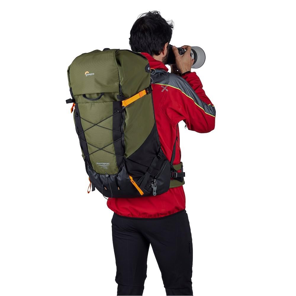 Lowepro Mochila PhotoSport X 45L AW con Tejidos Reciclados, Cámara Reflex y Mirrorless, Acceso Trasero, Compartimento Extraíble para Cámara, Características para Montaje, Talla M/L, Gris Oscuro/Verde
