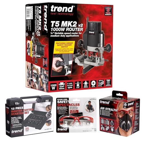 Trend T5 Kit de Inicio Definitivo para Fresado, T5EK/MK2/EU Fresadora de Inmersión de Velocidad Variable (1000W, 8mm, 230V), Juego de 12 Fresas de 8mm, Máscara y Gafas, T5/START/SET/E