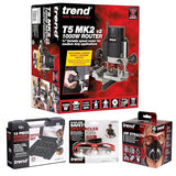 Trend T5 Kit de Inicio Definitivo para Fresado, T5EK/MK2/EU Fresadora de Inmersión de Velocidad Variable (1000W, 8mm, 230V), Juego de 12 Fresas de 8mm, Máscara y Gafas, T5/START/SET/E