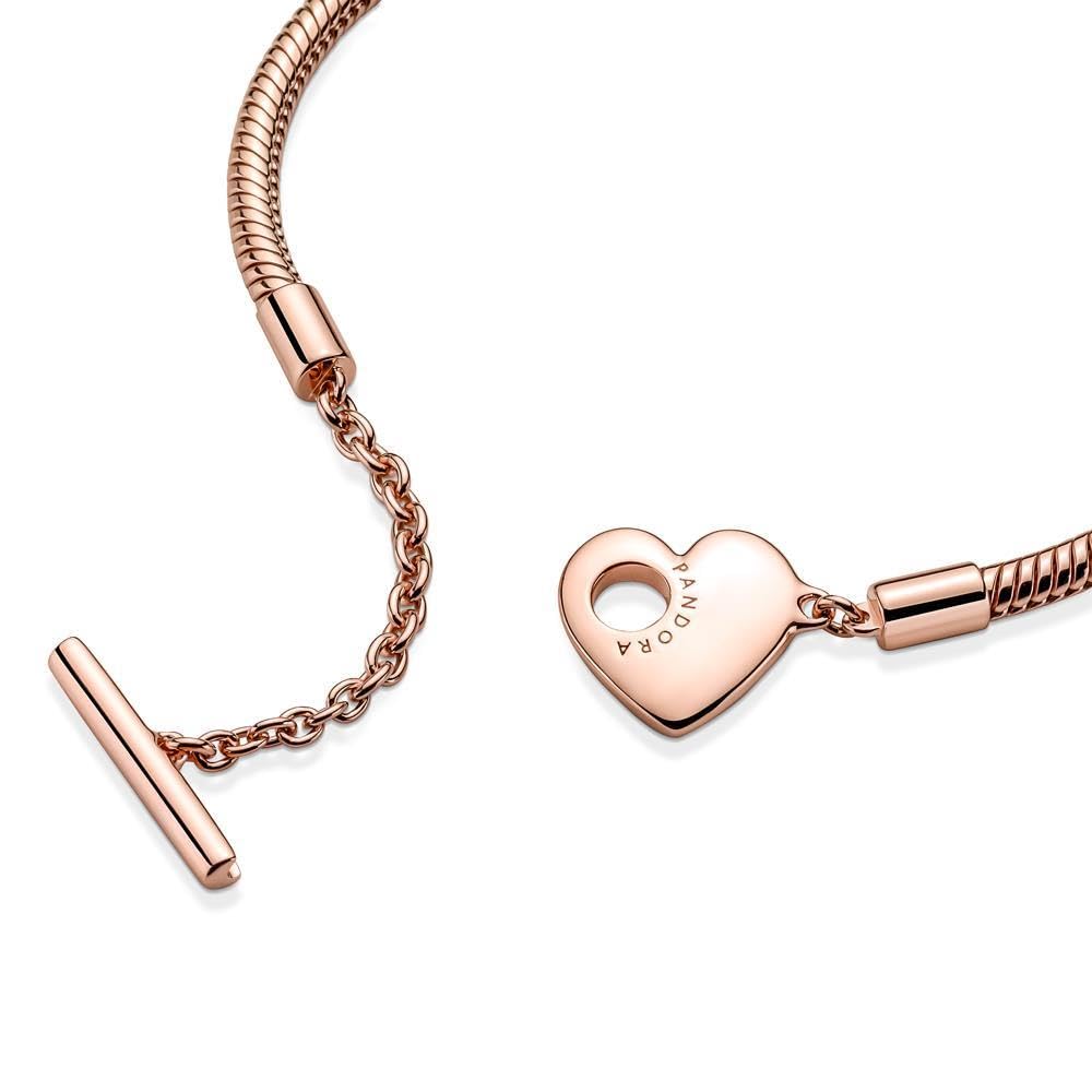 Pandora Moments Pulsera con cadena de serpiente chapada en oro rosa de 14 quilates con cierre en forma de corazón y barra en T, 21