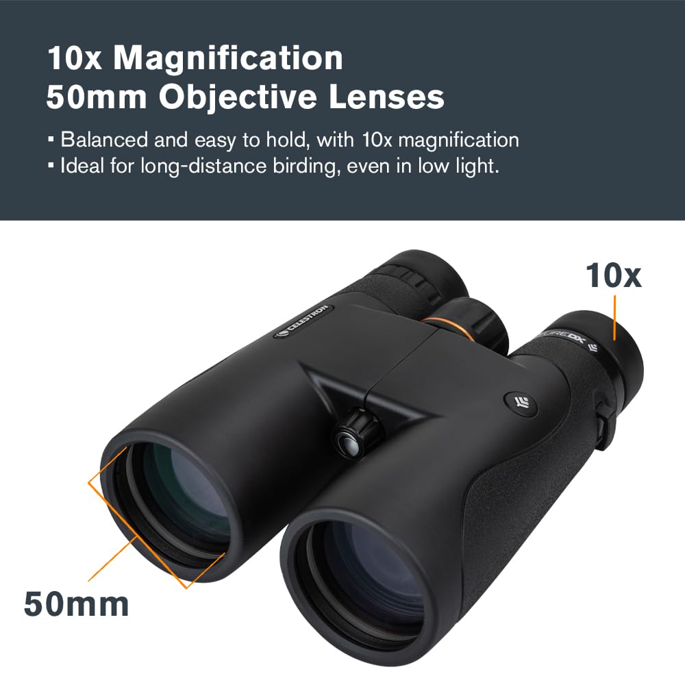 Celestron 72325 Nature DX 10x50: prismáticos para Exteriores y para observar Aves, con Revestimiento múltiple Completo y prismas BaK-4, Carcasa revestida de Goma Resistente al Agua y el vaho