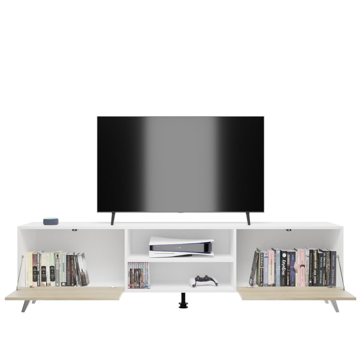 Homey Mueble de TV de Diseño Nórdico, 2 Compartimentos de Almacenamiento y 2 Puertas, Apto para Televisores de hasta 77 Pulgadas, Color Blanco-Roble
