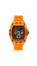 GUESS Trend Casual Tonneau Diamond - Reloj para Hombre, 43 mm, Esfera Negra, Caja y Pulsera de Acero Inoxidable, Naranja, Deportivo/Casual