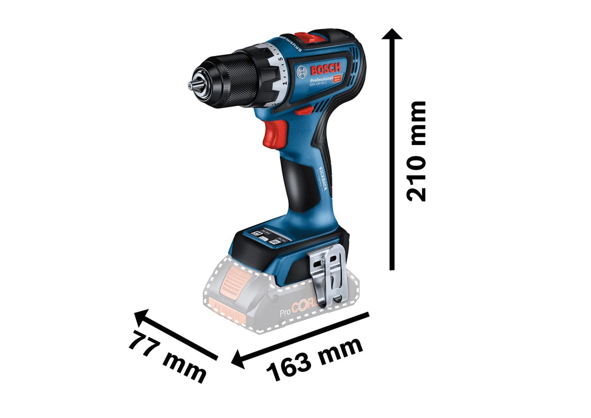 Bosch Professional 18V System GSR 18V-90 C - Atornillador a batería (64 Nm, Ø máx. tornillo 12 mm, conectable, sin batería, en caja)