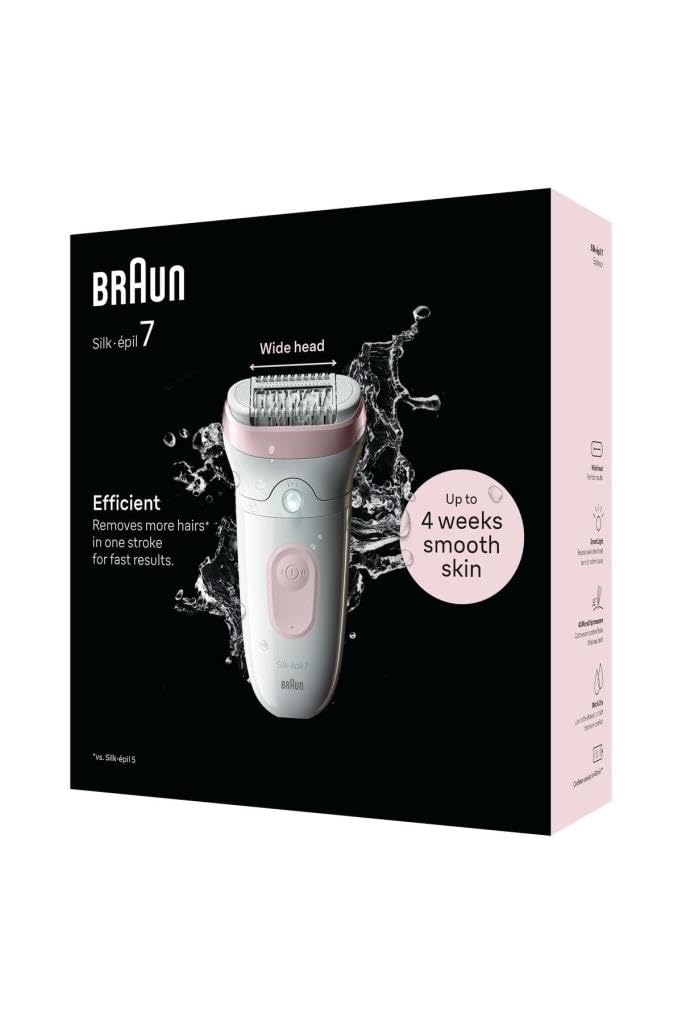 Braun Silk-épil 7 Depiladora Mujer, Depiladora Eléctrica Mujer Con Cabezal Amplio Para Una Depilación Simple, Wet & Dry, Piel Lisa Larga Dura, 7-000, Blanco/Rosa